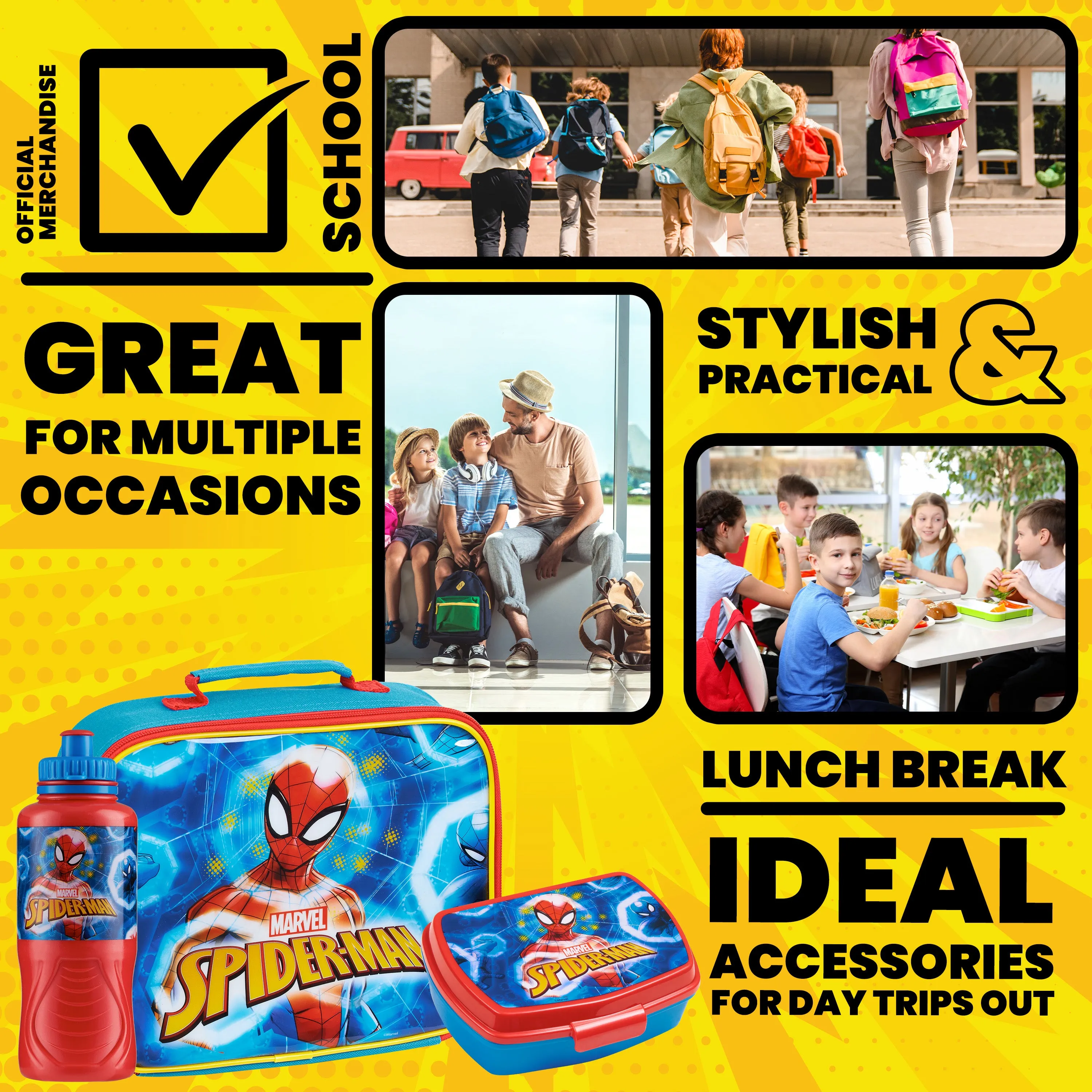 Marvel Kids Lunch Box 3 Piece Set Avengers Insulated Lunch Bag Snack Box 430ml Spiderman Water Bottle BPA Free School Travel Captain America Iron Man Thor (Multicolor Spiderman)