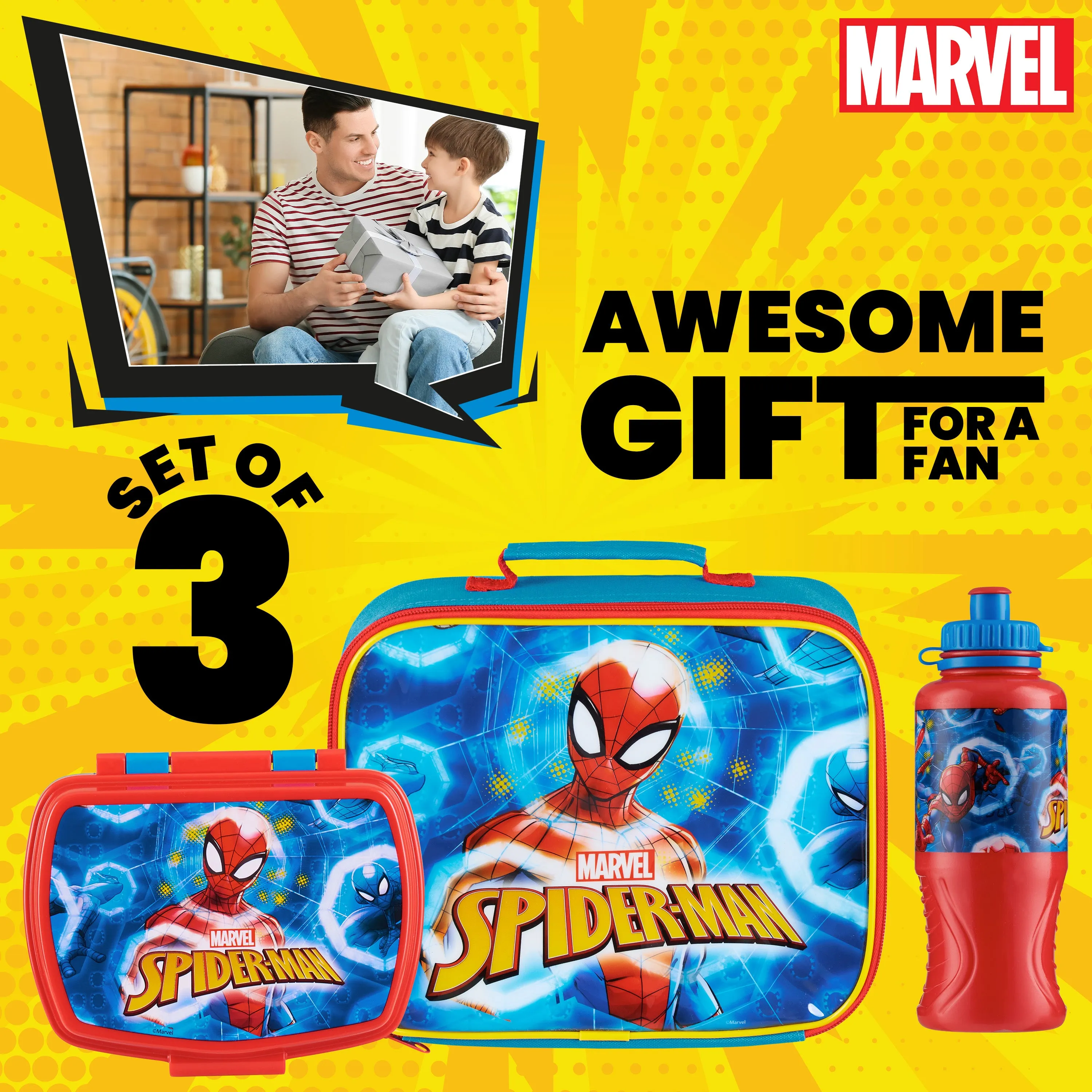 Marvel Kids Lunch Box 3 Piece Set Avengers Insulated Lunch Bag Snack Box 430ml Spiderman Water Bottle BPA Free School Travel Captain America Iron Man Thor (Multicolor Spiderman)