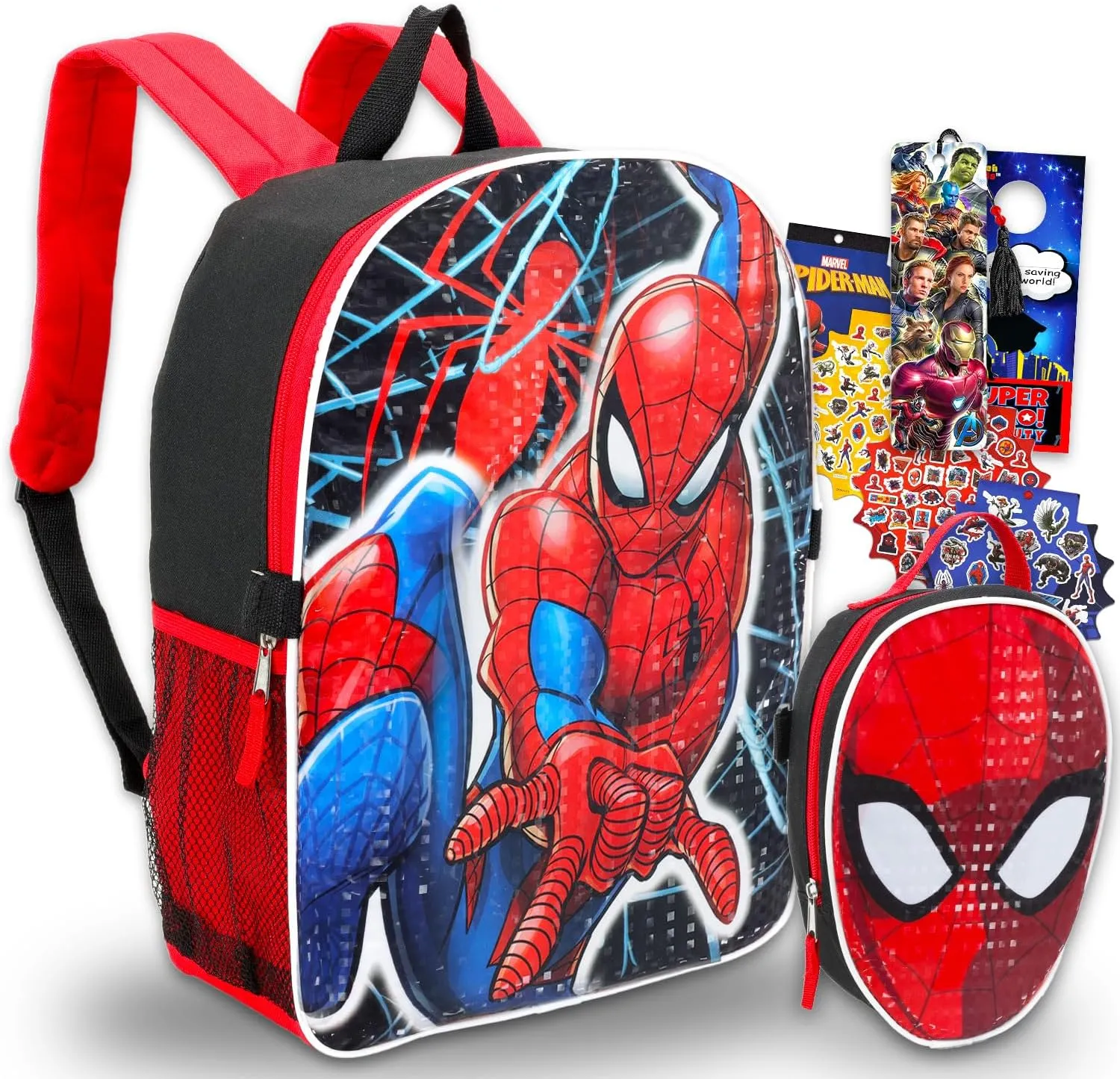 Marvel Shop Spiderman Backpack With Lunch Box For Boys ~ 16" Spiderman Backpack For Kids, Spiderman Lunch Box, Stickers, And More | Spiderman School Supplies Bundle