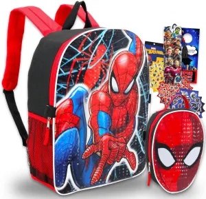 Marvel Shop Spiderman Backpack With Lunch Box For Boys ~ 16" Spiderman Backpack For Kids, Spiderman Lunch Box, Stickers, And More | Spiderman School Supplies Bundle