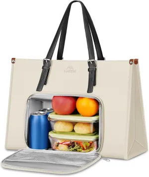 MATEIN Laptop Tote Bag for Women, 15.6 Inch Laptop Commuter Tote Insulated Lunch Bag, Waterproof PU Leather Work Purse with lunch Box compartment for Work Business Picnic Teacher Casual Office, Beige