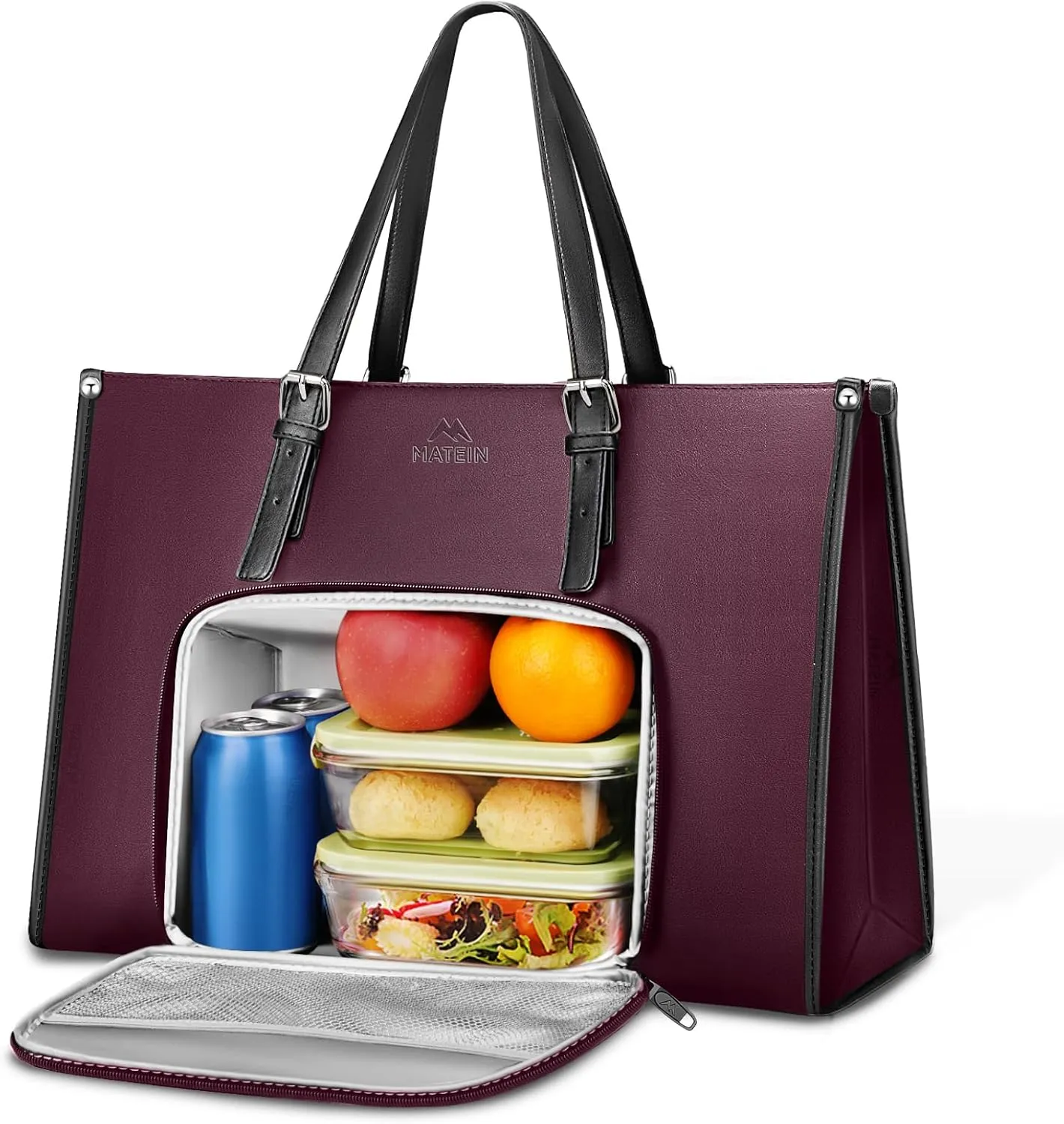 MATEIN Laptop Tote Bag With Lunch Compartment, 15.6 Inch PU Leather Business Briefcase with Leakproof Lunch Cooler Bag, Large Work Laptop Purse Lightweight Teacher Computer Tote Casual Handbag,Purple