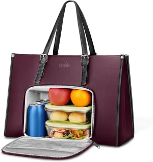 MATEIN Laptop Tote Bag With Lunch Compartment, 15.6 Inch PU Leather Business Briefcase with Leakproof Lunch Cooler Bag, Large Work Laptop Purse Lightweight Teacher Computer Tote Casual Handbag,Purple