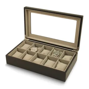 Matte Black Finish Glass Lid Velour Lined Wooden 10-Watch Case