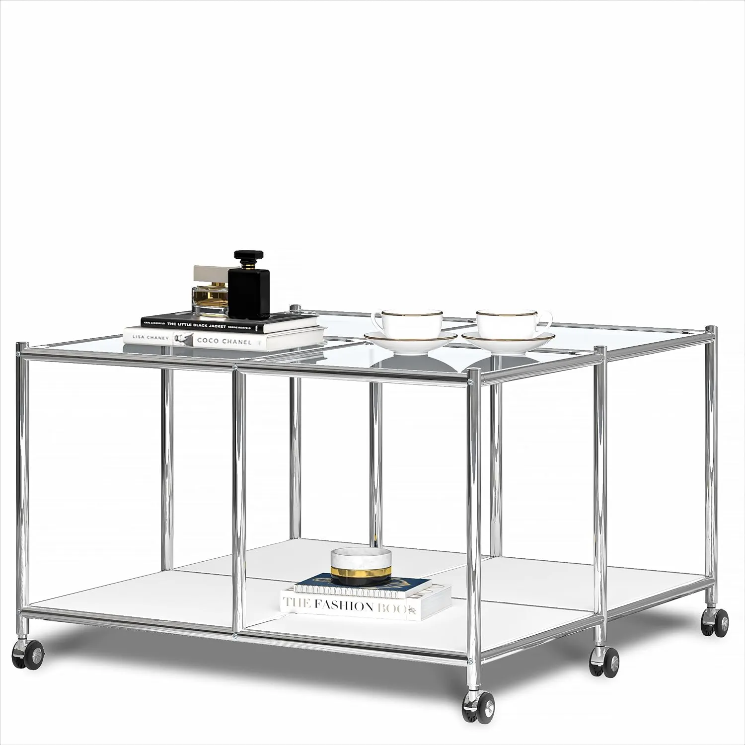 Matte Coffee Table with Open Storage, Square Tempered Glass Storage Rolling Coffee Table, Modern Design for Living Room, Meeting Room (White)