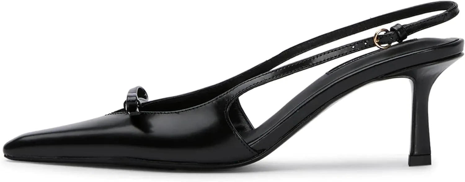 Mattiventon Black Slingback Heels for Women Kitten Heels Bow Ankle Strap Pointed Toe Heel Sexy Wedding Dress Party Pumps