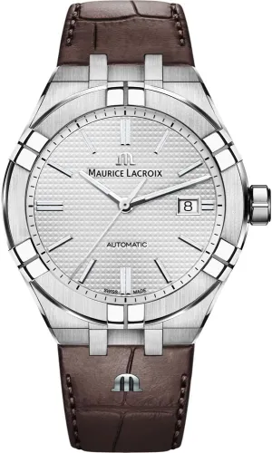 Maurice Lacroix Men's Aikon Automatic 42 mm Watch | Silver/Brown Leather