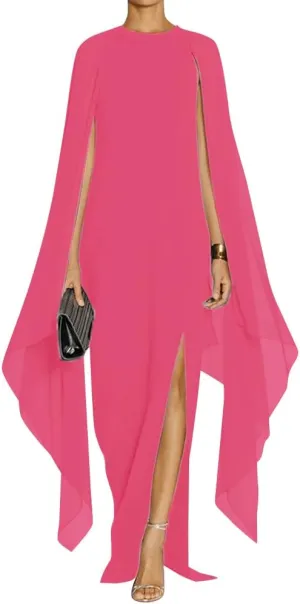 MAYFASEY Women's Elegant High Split Flare Sleeve Formal Evening Gowns Maxi Dress with Cape