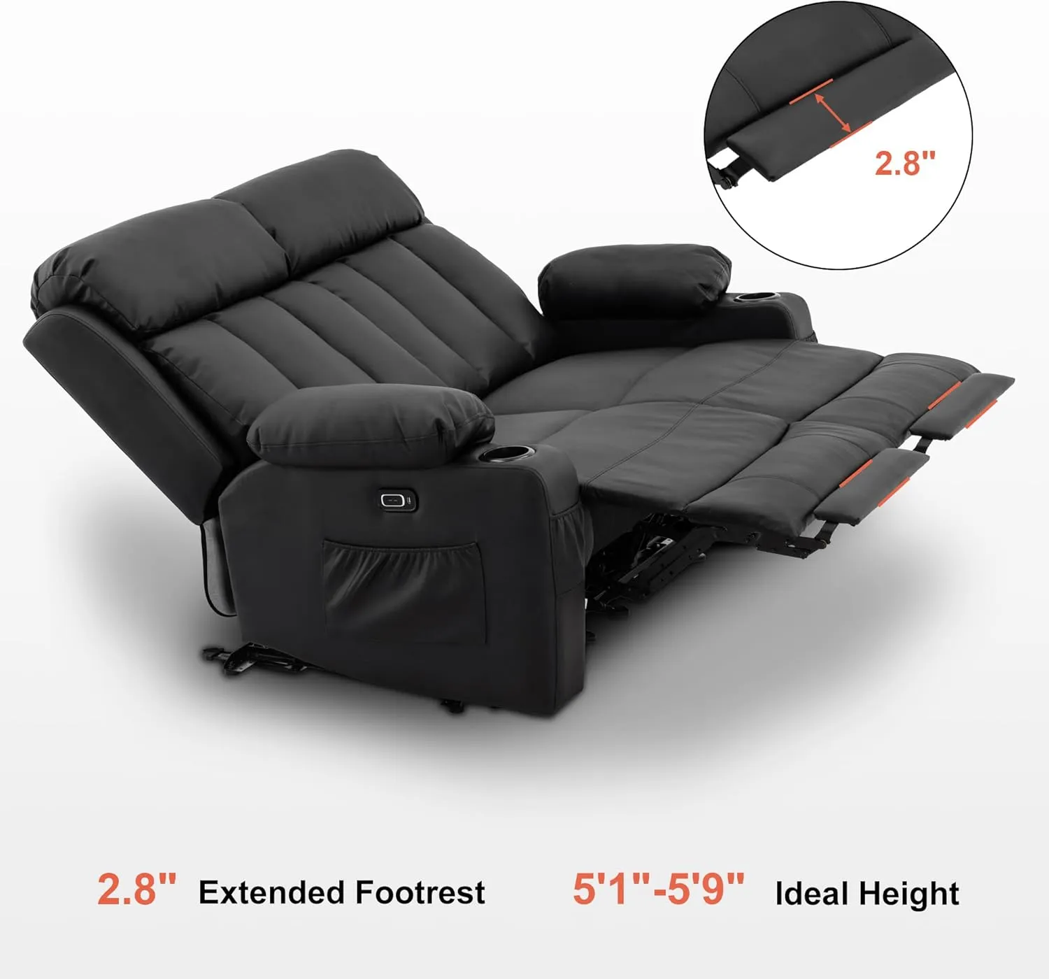 MCombo 61" Power Loveseat Recliner, Electric Reclining Loveseat Sofa with Heat and Vibration, Cup Holders, USB Charge Port for Living Room 6075 Faux Leather (Loveseat Recliner, Black)