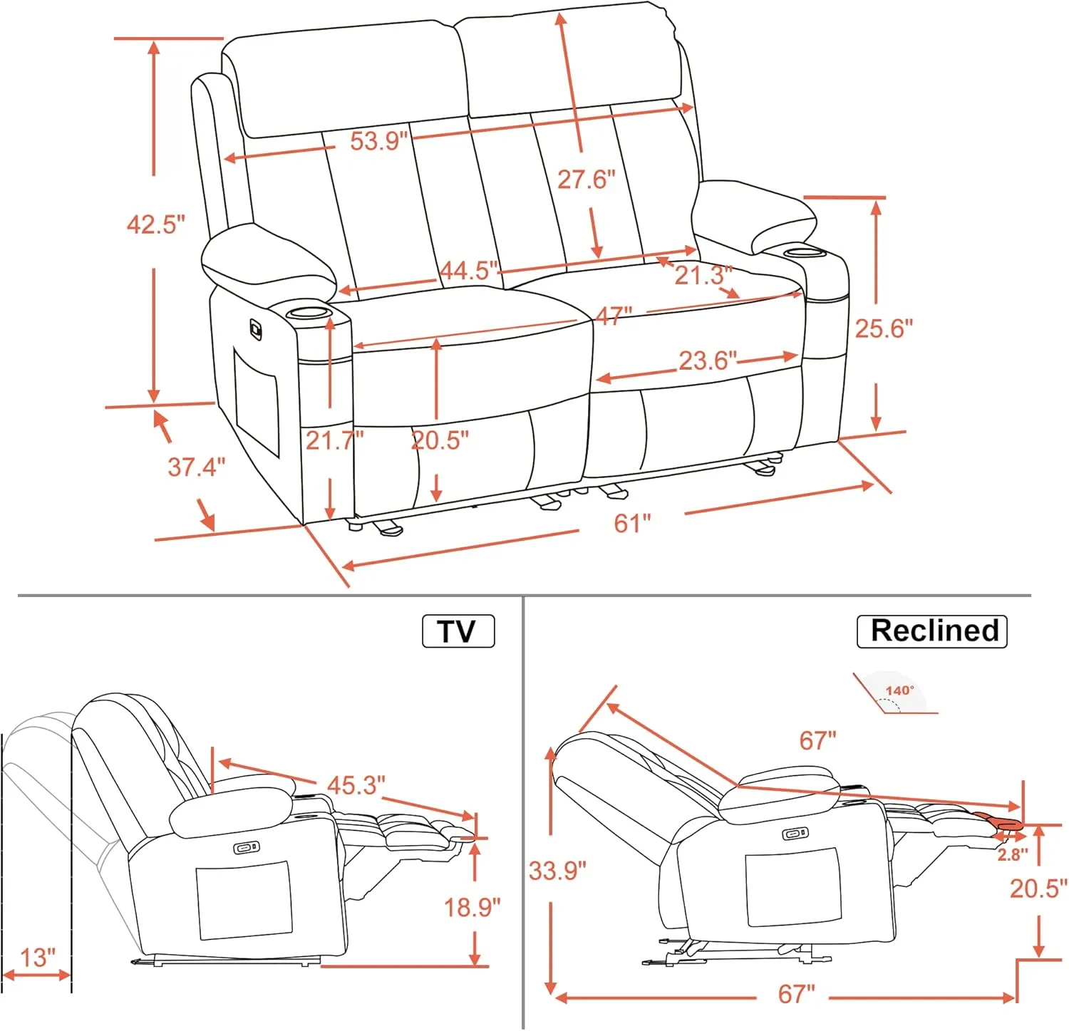 MCombo 61" Power Loveseat Recliner, Electric Reclining Loveseat Sofa with Heat and Vibration, Cup Holders, USB Charge Port for Living Room 6075 Faux Leather (Loveseat Recliner, Black)