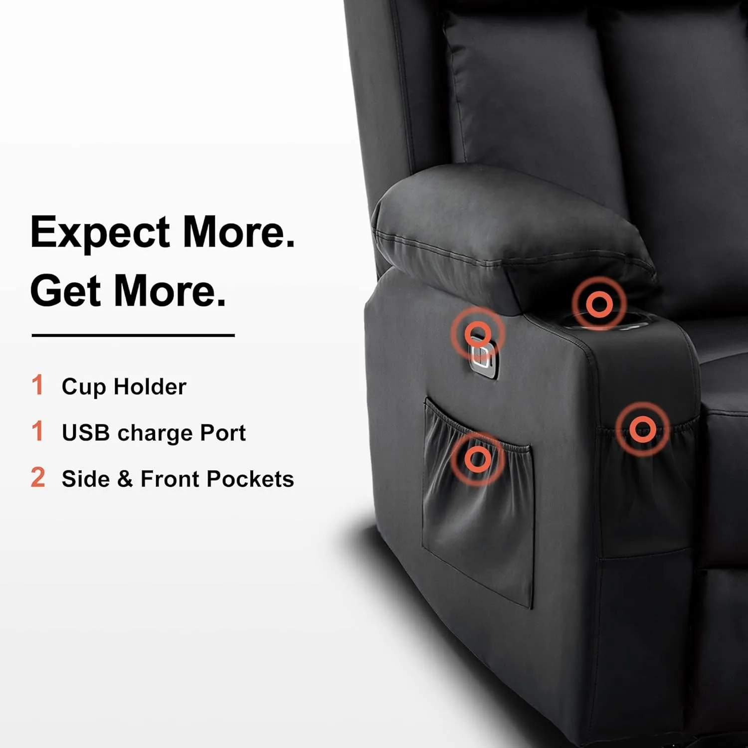 MCombo 61" Power Loveseat Recliner, Electric Reclining Loveseat Sofa with Heat and Vibration, Cup Holders, USB Charge Port for Living Room 6075 Faux Leather (Loveseat Recliner, Black)