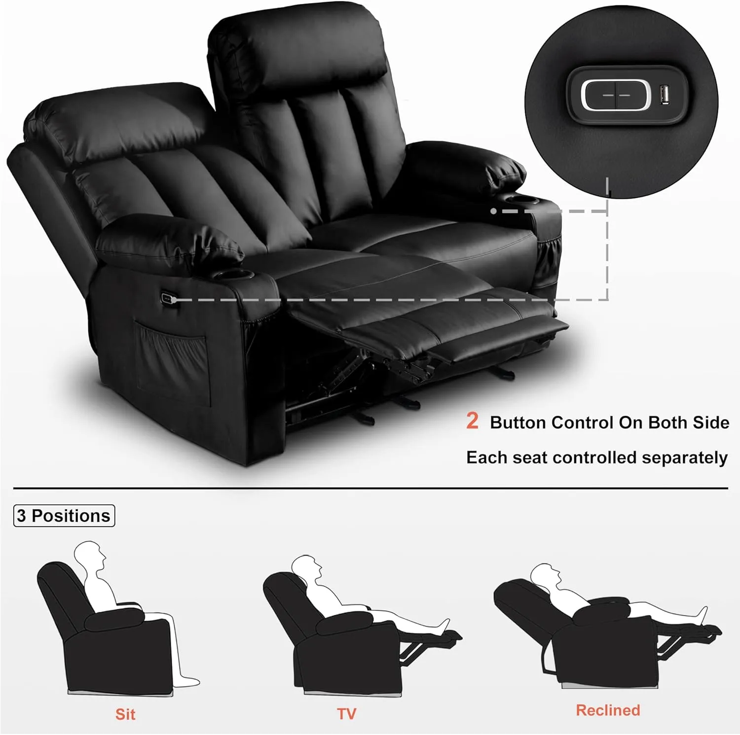 MCombo 61" Power Loveseat Recliner, Electric Reclining Loveseat Sofa with Heat and Vibration, Cup Holders, USB Charge Port for Living Room 6075 Faux Leather (Loveseat Recliner, Black)