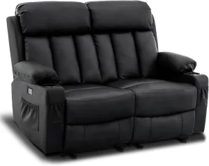 MCombo 61" Power Loveseat Recliner, Electric Reclining Loveseat Sofa with Heat and Vibration, Cup Holders, USB Charge Port for Living Room 6075 Faux Leather (Loveseat Recliner, Black)