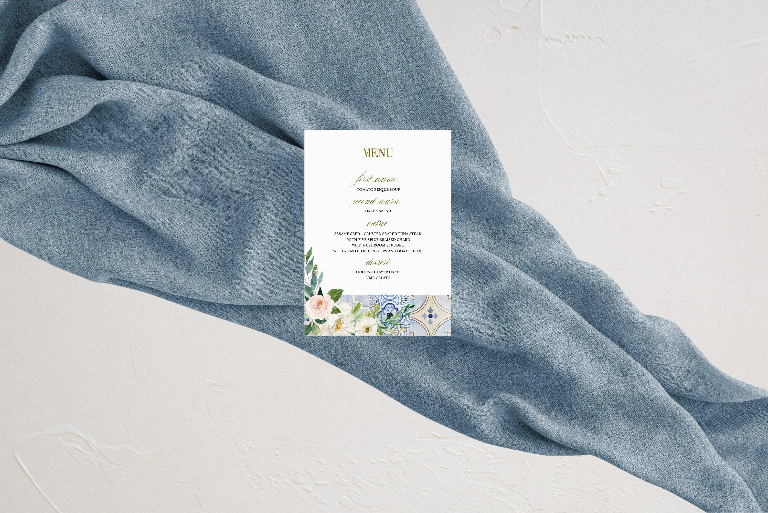 Mediterranean Wedding Menu Template, Greek Accent Wedding Dinner Menu, Blue Tiles Wedding Menu, Gold Foil, Printable Wedding - JUDY