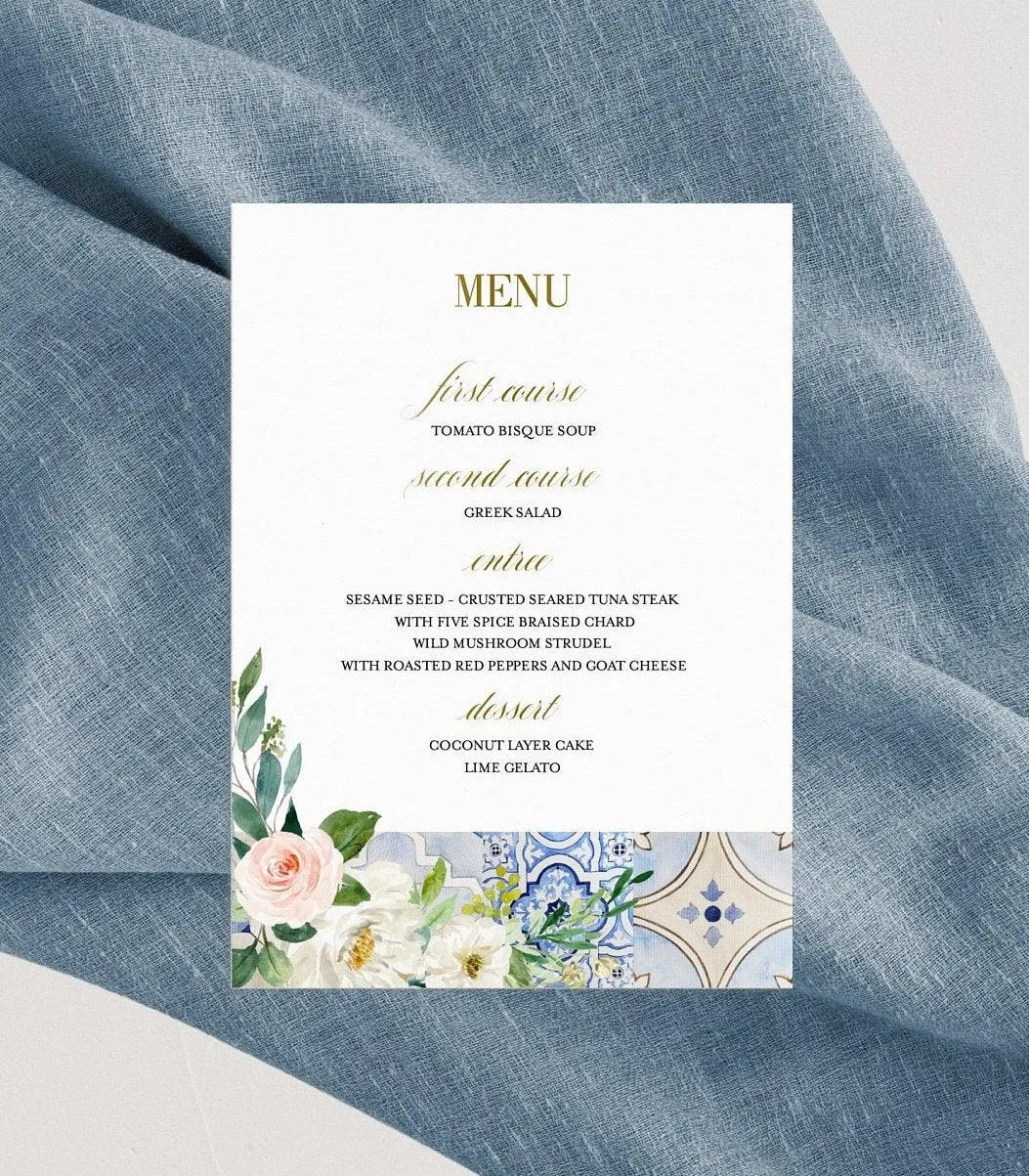 Mediterranean Wedding Menu Template, Greek Accent Wedding Dinner Menu, Blue Tiles Wedding Menu, Gold Foil, Printable Wedding - JUDY