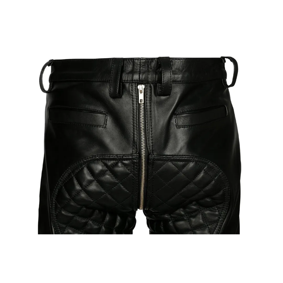 Men Adjustable Waist Black Leather Pant