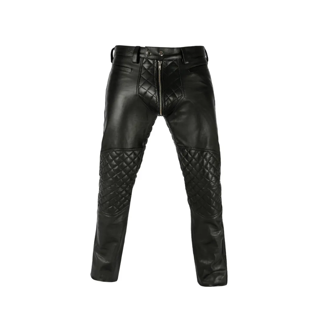 Men Adjustable Waist Black Leather Pant