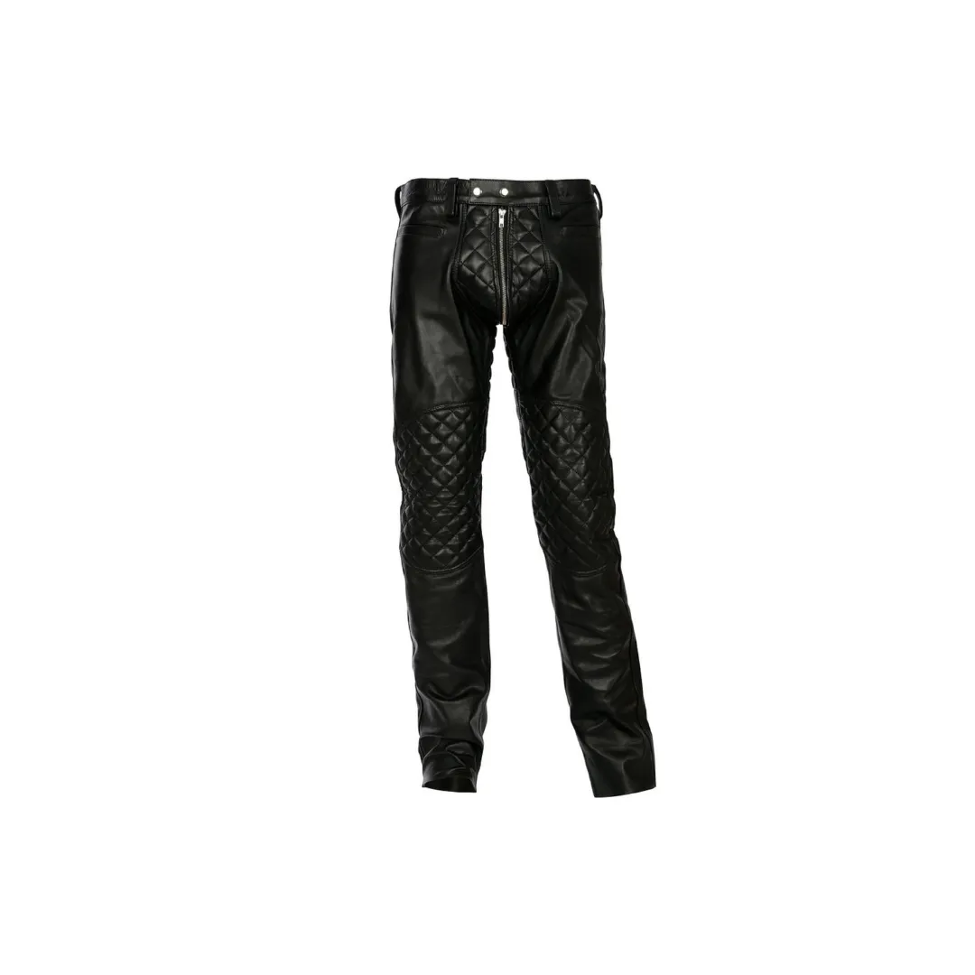 Men Adjustable Waist Black Leather Pant