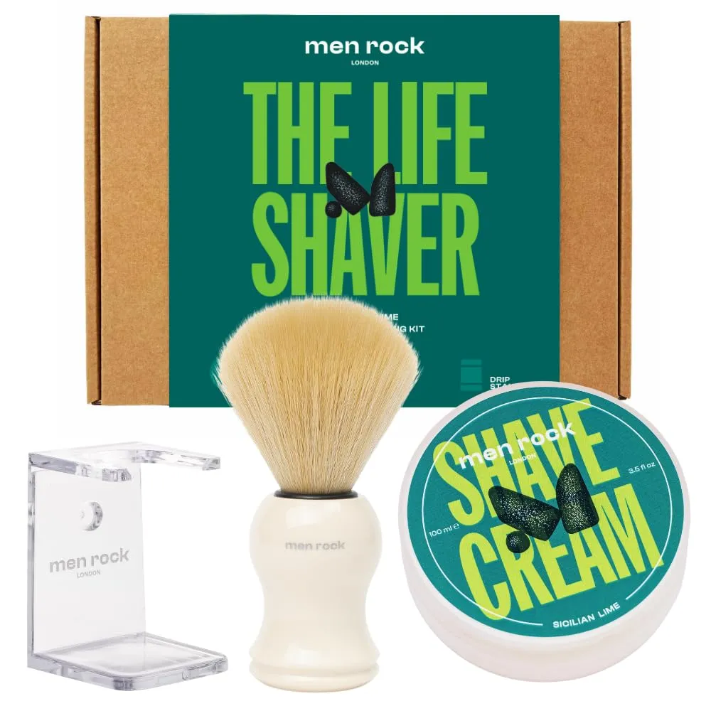 Men Rock The Life Shaver Essential Shaving Kit - Sicilian Lime - Beard Care Kit for Men - Shaving Cream, Synthetic Brush - Mens Face Care - 3 Pc