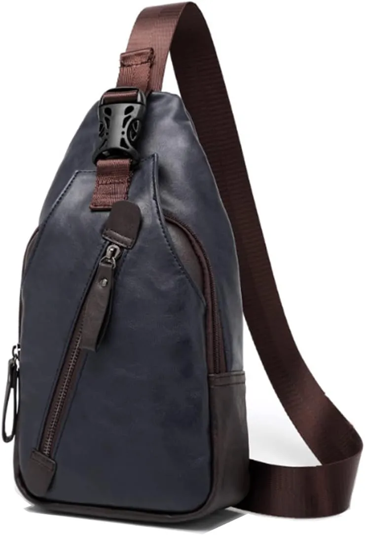 Men Travel Hiking Leather Chest Bags Outdoors Crossbody Daypack Sling Bag-Blue c