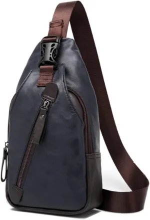 Men Travel Hiking Leather Chest Bags Outdoors Crossbody Daypack Sling Bag-Blue c