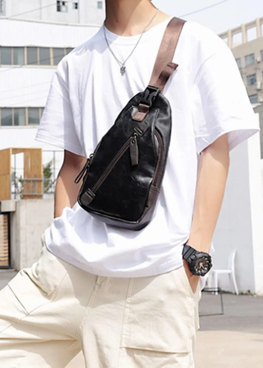 Men Travel Hiking Leather Chest Bags Outdoors Crossbody Daypack Sling Bag-Blue c