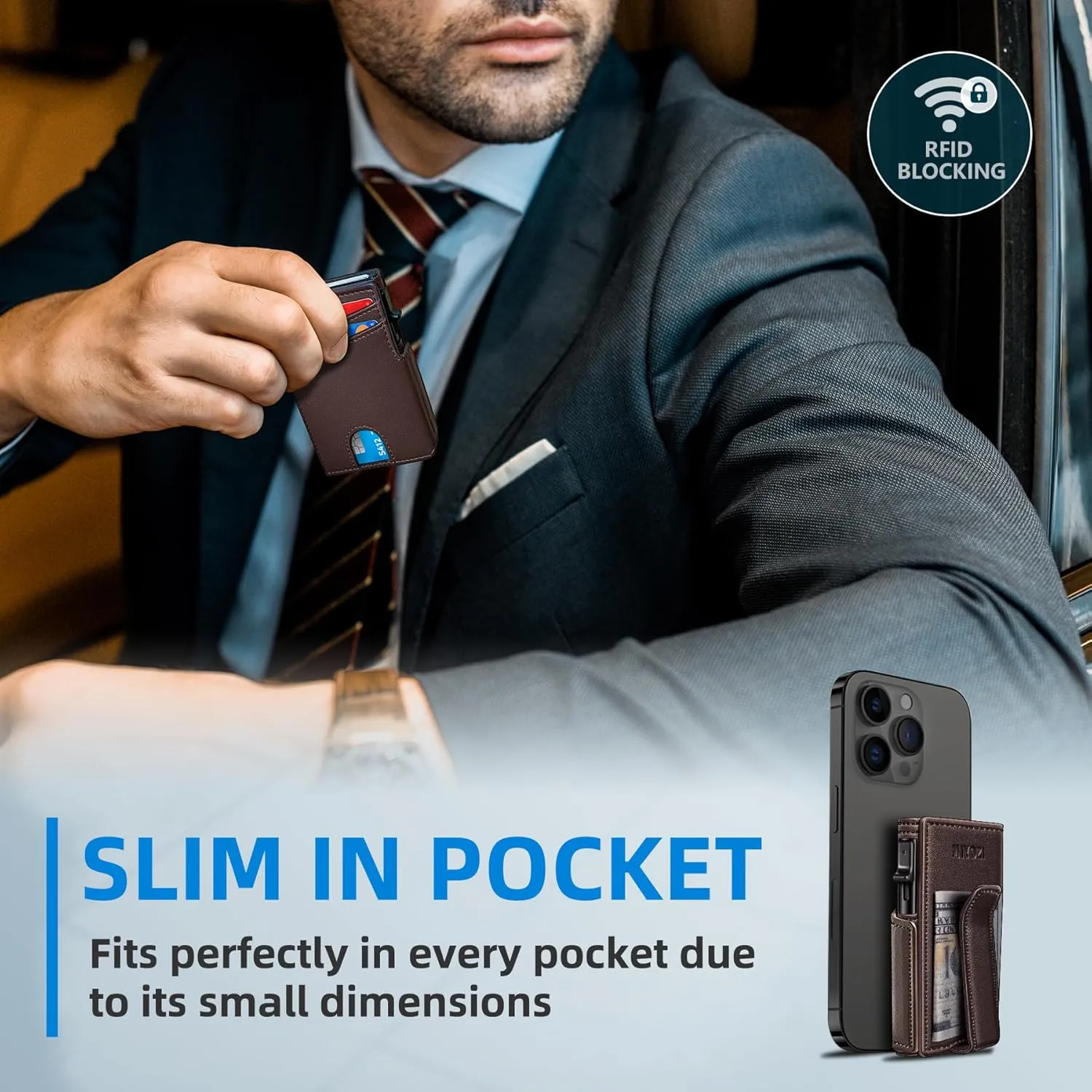 Men Wallet,with Money Clip Coins Pocket ID Window,Slim Front Pocket RFID Blocking Pop-up Card Holder 3.9"x 2.7", Gift Boxed