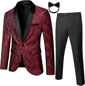 Mens 2 Piece Floral Tuxedo Jacket Paisley Shawl Lapel Suit Blazer Jacket for Dinner,Prom,Wedding