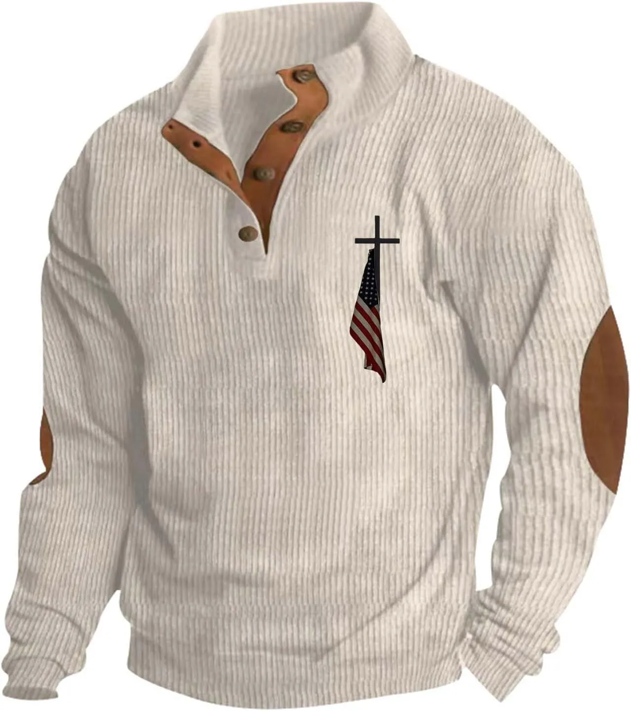 Men's Corduroy Sweatshirt Casual Long Sleeve Stand Collar Button Pullover Sweatshirts Print Thick Shirts with Pockets