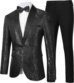 Men's Floral Dinner Party Prom Wedding Stylish Tuxedo Suits for Men One Button Dinner Jacket Pants Set