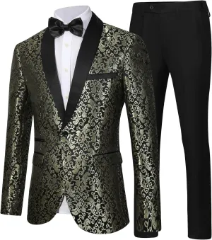 Men's Floral Dinner Party Prom Wedding Stylish Tuxedo Suits for Men One Button Dinner Jacket Pants Set