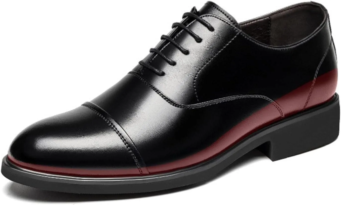 Men's Formal Business Oxfords Lacing Invisible Height Increasing Elevator Shoes 2.4 Inches Taller Genuine Leather Cap Toe Block Heel Formal Men