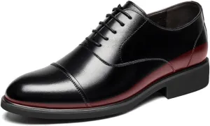 Men's Formal Business Oxfords Lacing Invisible Height Increasing Elevator Shoes 2.4 Inches Taller Genuine Leather Cap Toe Block Heel Formal Men