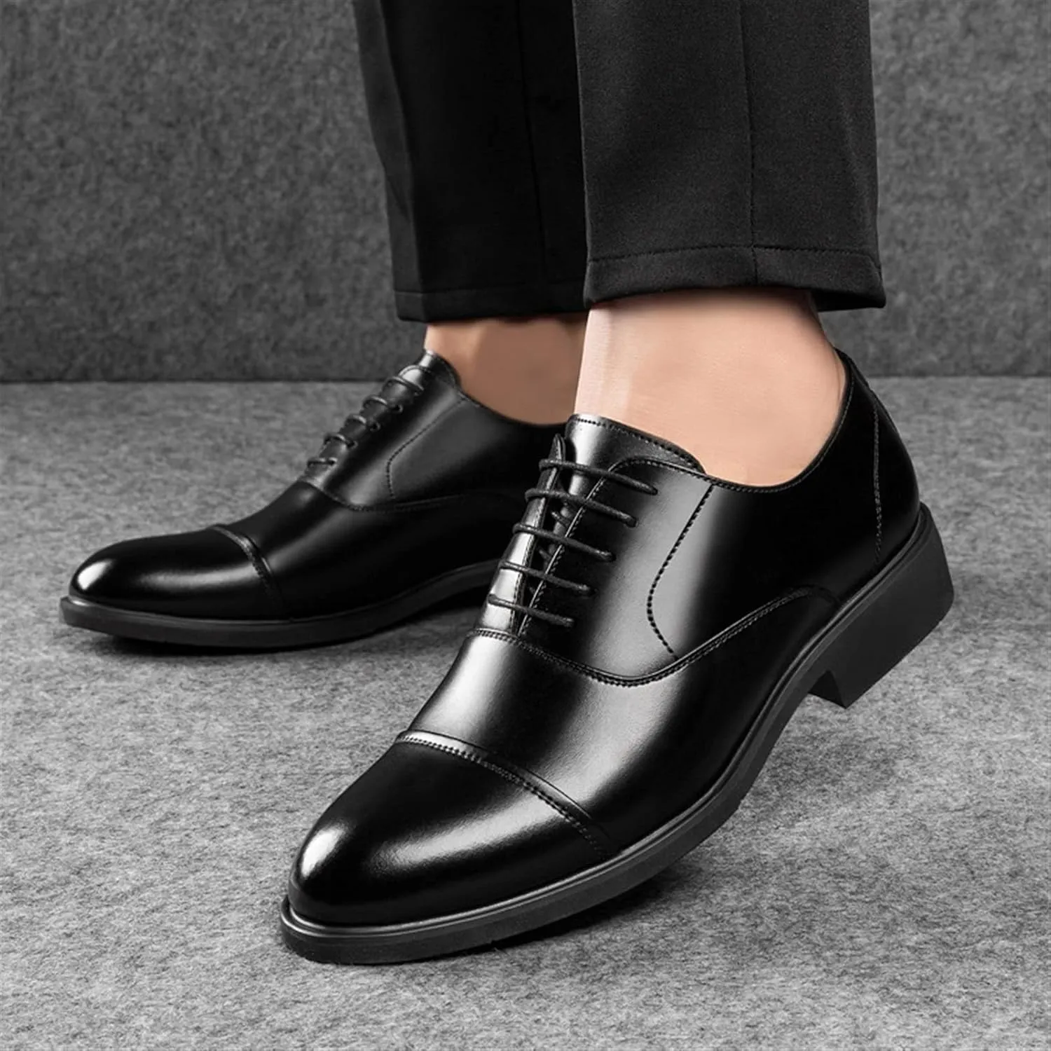 Men's Formal Business Oxfords Lacing Invisible Height Increasing Elevator Shoes 2.4 Inches Taller Genuine Leather Cap Toe Block Heel Formal Men