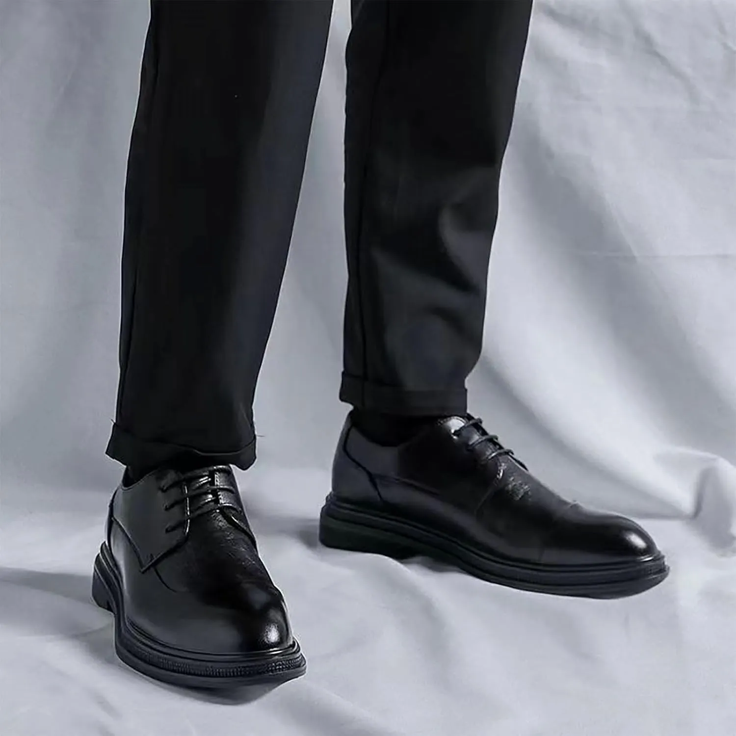 Men's Genuine Leather Dress Shoes with Comfortable Thick Heel & Hand-Crafted Stitching - Ideal for Business Casual Everyday Wear