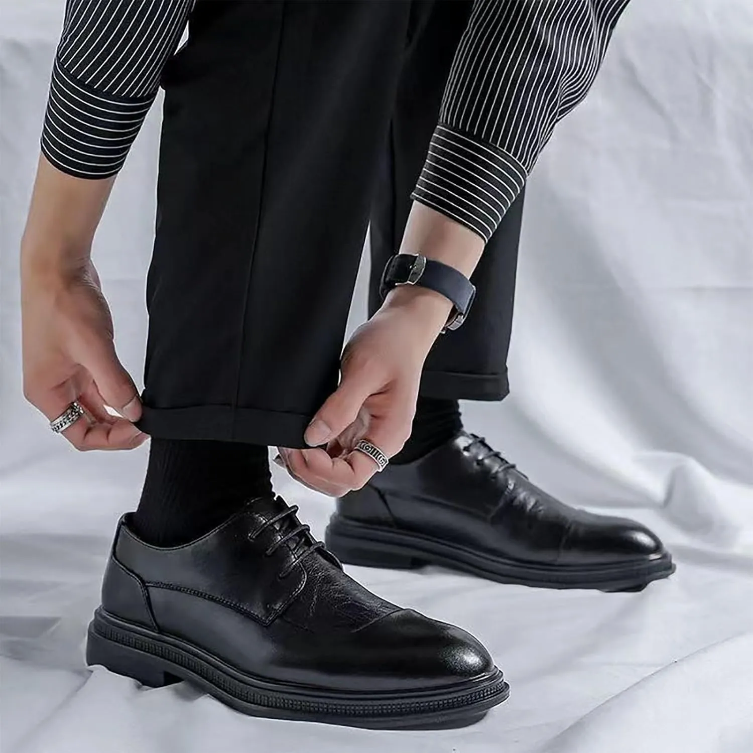 Men's Genuine Leather Dress Shoes with Comfortable Thick Heel & Hand-Crafted Stitching - Ideal for Business Casual Everyday Wear