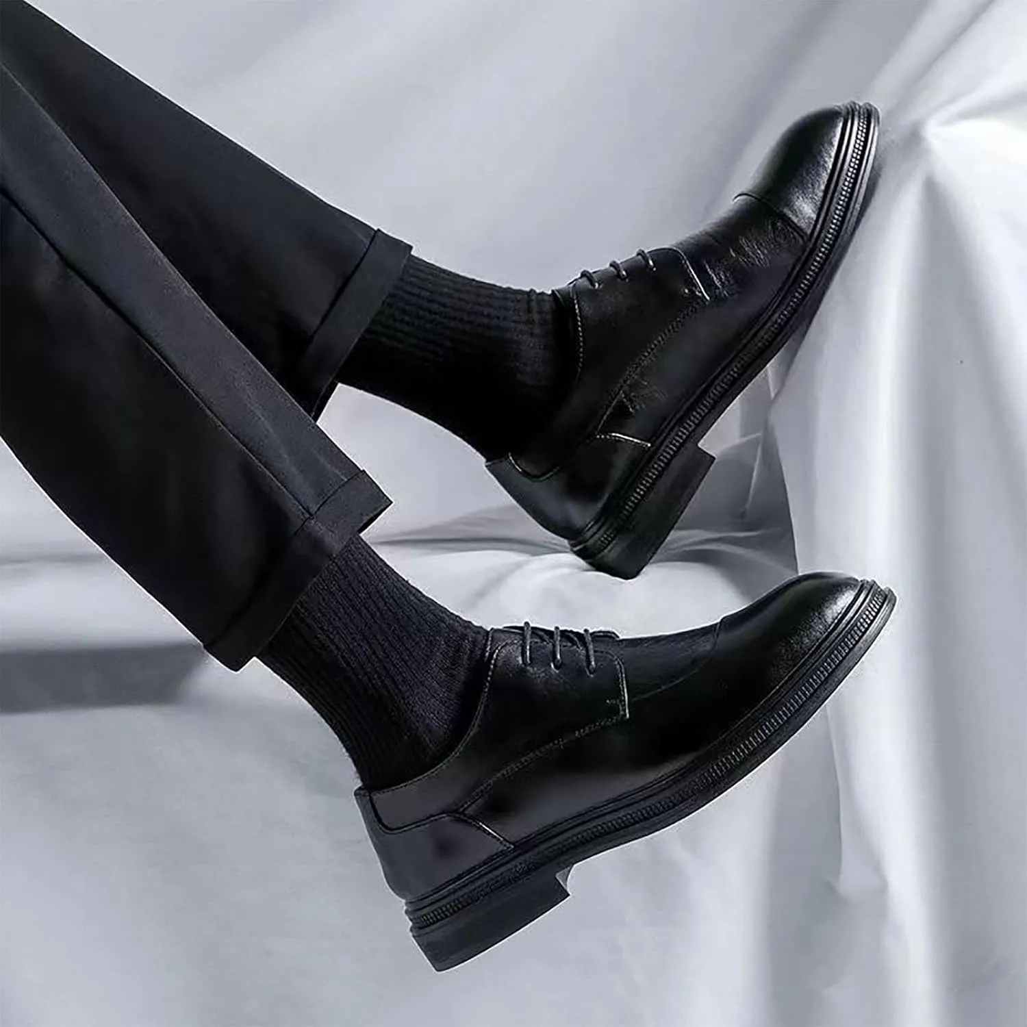 Men's Genuine Leather Dress Shoes with Comfortable Thick Heel & Hand-Crafted Stitching - Ideal for Business Casual Everyday Wear