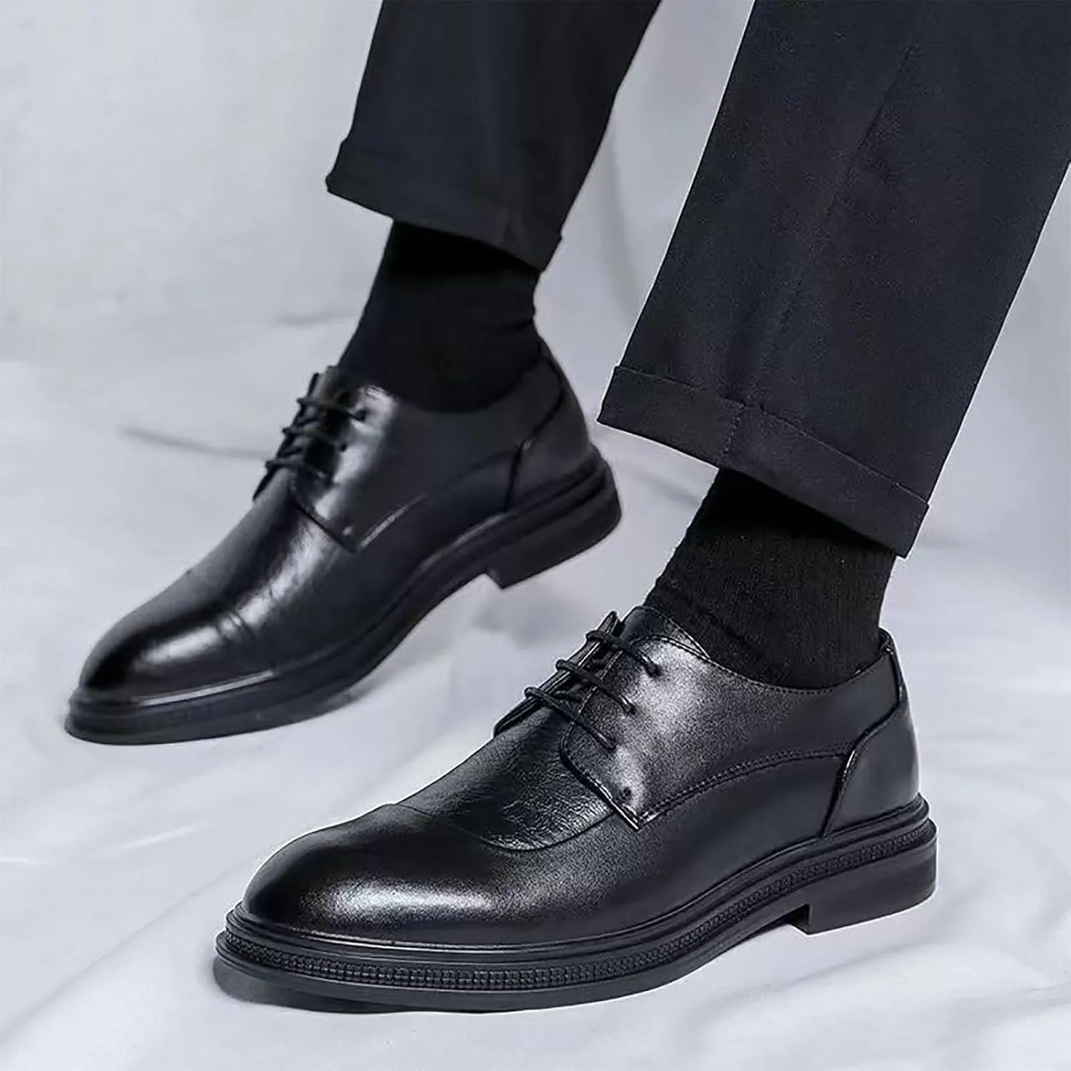Men's Genuine Leather Dress Shoes with Comfortable Thick Heel & Hand-Crafted Stitching - Ideal for Business Casual Everyday Wear