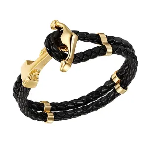 Mens Gold Anchor Black Leather Bracelet - Luxurious Nautical Bracelet - Gift Packaging Included - Sz Medium - Awesome Mens Gift