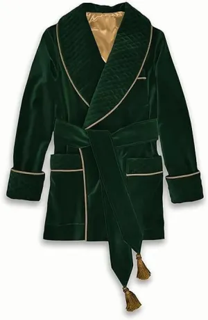 Men's Green Quilted Robes Jackets Fine Quilted Cord Piping Smoking Jackets Dinner Party Wear