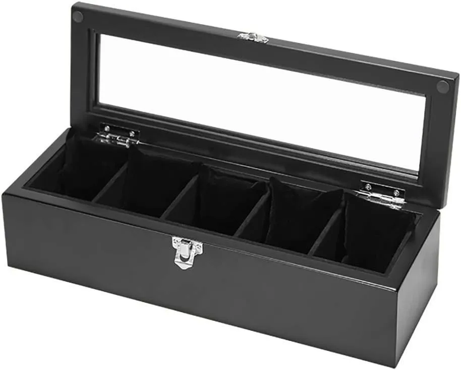 Mens Jewellery Box Travel Watch Box Storage Wood, 5 Grids Watch Jewellery Box Display Organizer with Compartments Transparent Window Removable Pads for Men Women Gift of Love (A) Watch Gift Box