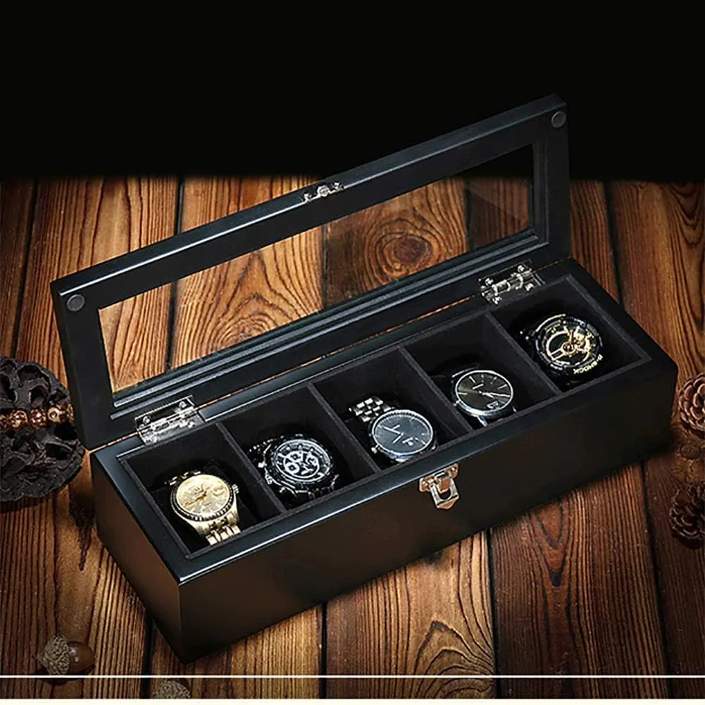 Mens Jewellery Box Travel Watch Box Storage Wood, 5 Grids Watch Jewellery Box Display Organizer with Compartments Transparent Window Removable Pads for Men Women Gift of Love (A) Watch Gift Box