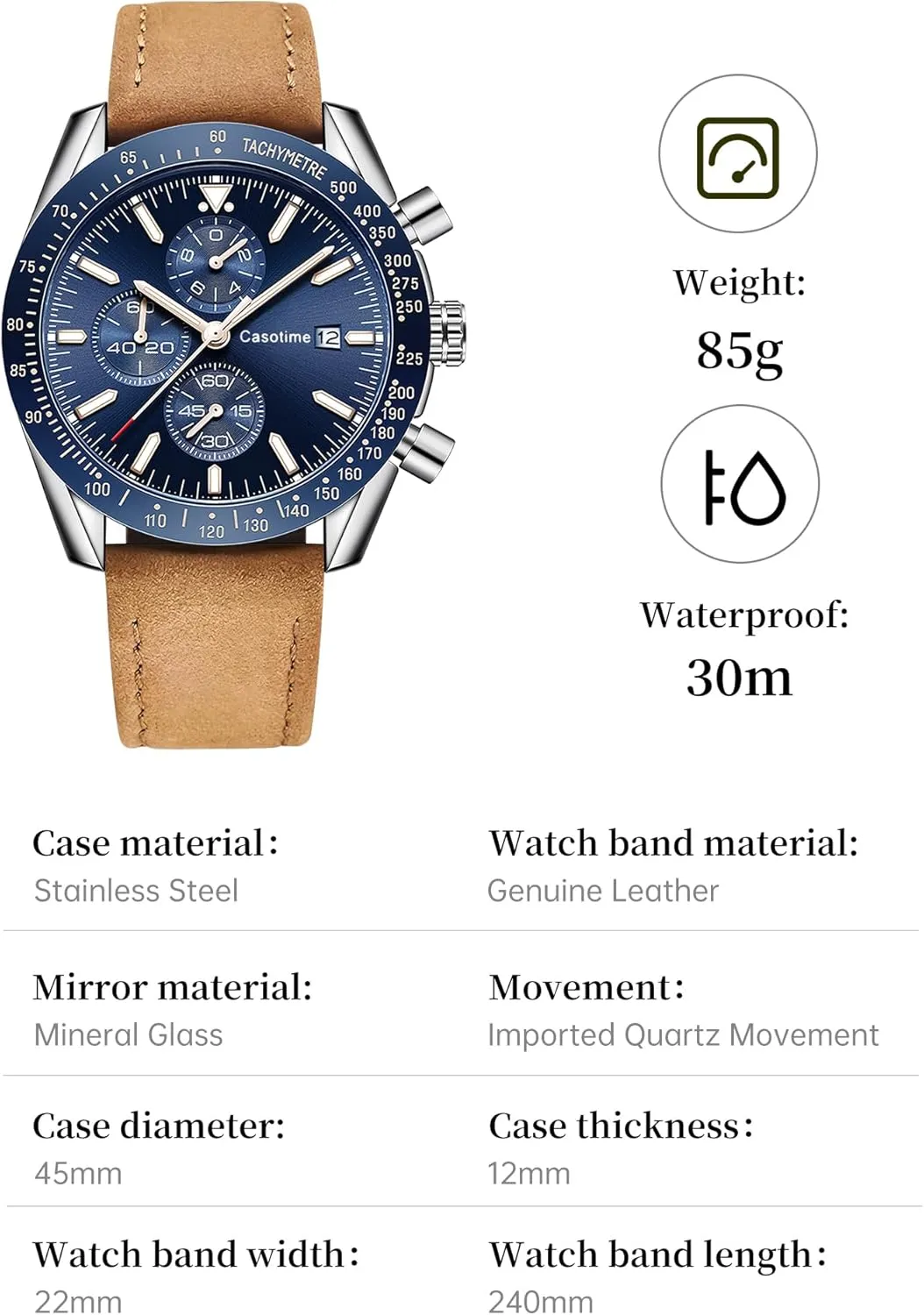 Men's Leather Band Chronograph Watch - 30M Waterproof Big Face Analog Quartz Date - Work Sport Casual Classical Fashion Designer Dress Wrist Watch - Elegant Gift for Men