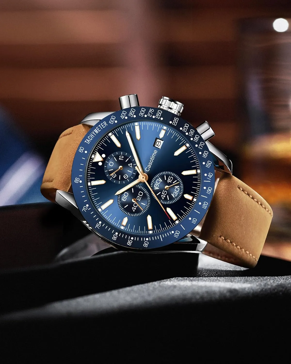 Men's Leather Band Chronograph Watch - 30M Waterproof Big Face Analog Quartz Date - Work Sport Casual Classical Fashion Designer Dress Wrist Watch - Elegant Gift for Men