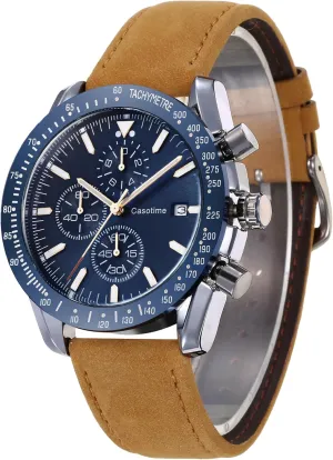 Men's Leather Band Chronograph Watch - 30M Waterproof Big Face Analog Quartz Date - Work Sport Casual Classical Fashion Designer Dress Wrist Watch - Elegant Gift for Men