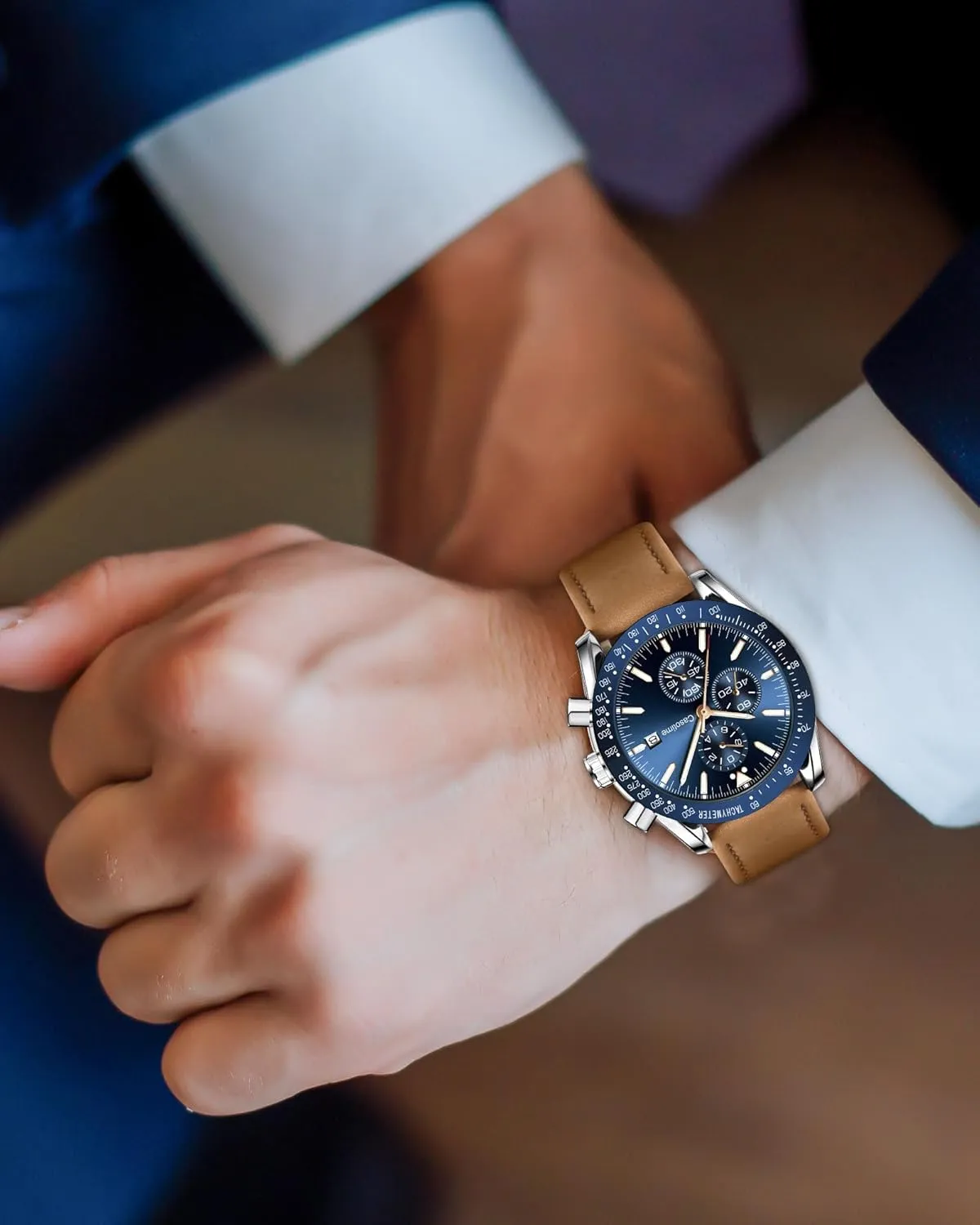 Men's Leather Band Chronograph Watch - 30M Waterproof Big Face Analog Quartz Date - Work Sport Casual Classical Fashion Designer Dress Wrist Watch - Elegant Gift for Men