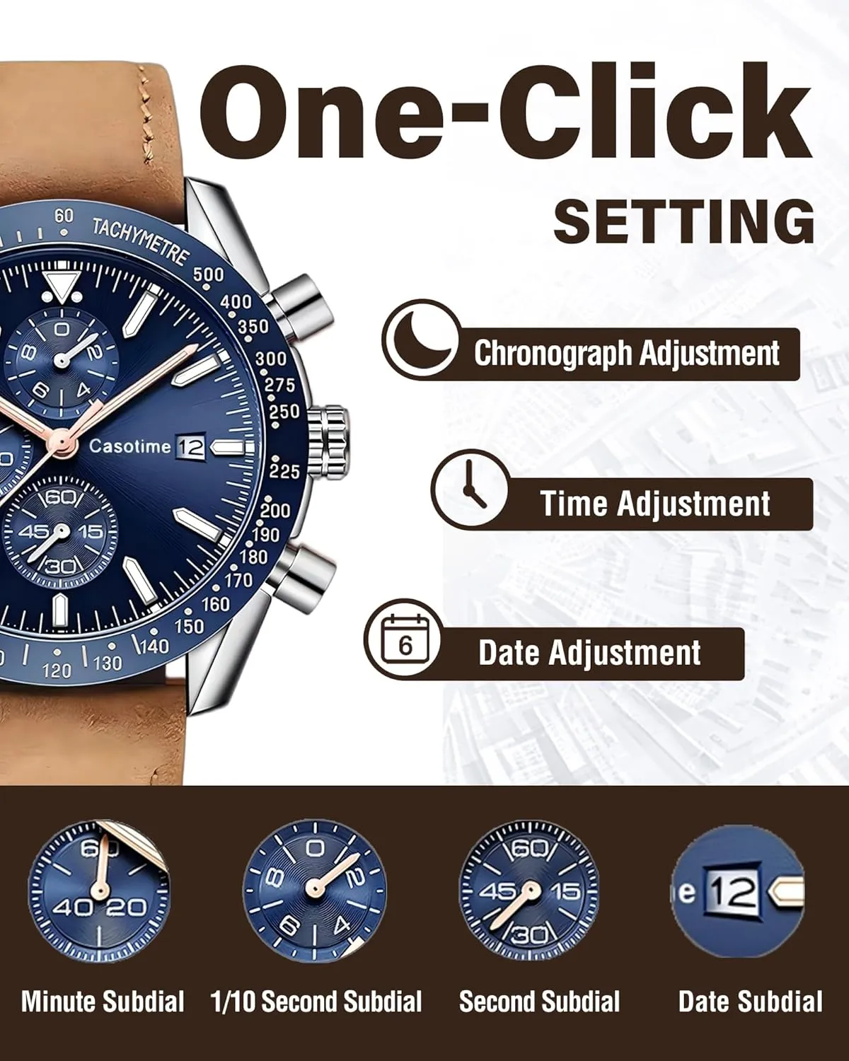 Men's Leather Band Chronograph Watch - 30M Waterproof Big Face Analog Quartz Date - Work Sport Casual Classical Fashion Designer Dress Wrist Watch - Elegant Gift for Men