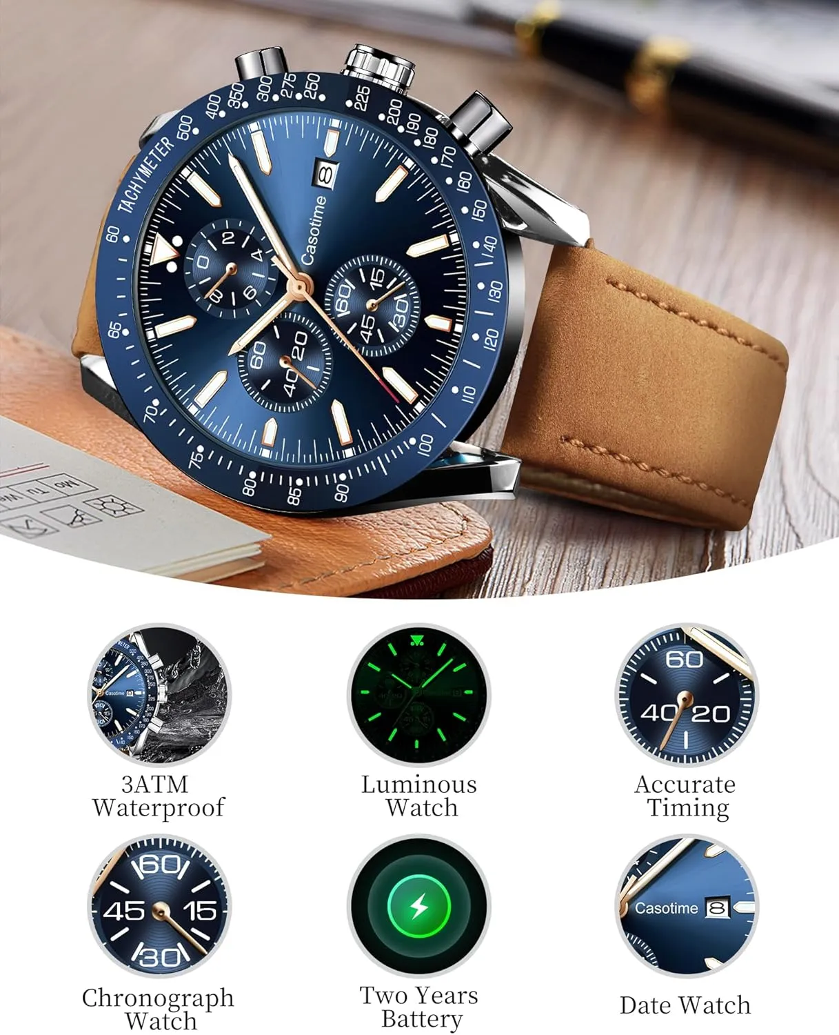 Men's Leather Band Chronograph Watch - 30M Waterproof Big Face Analog Quartz Date - Work Sport Casual Classical Fashion Designer Dress Wrist Watch - Elegant Gift for Men