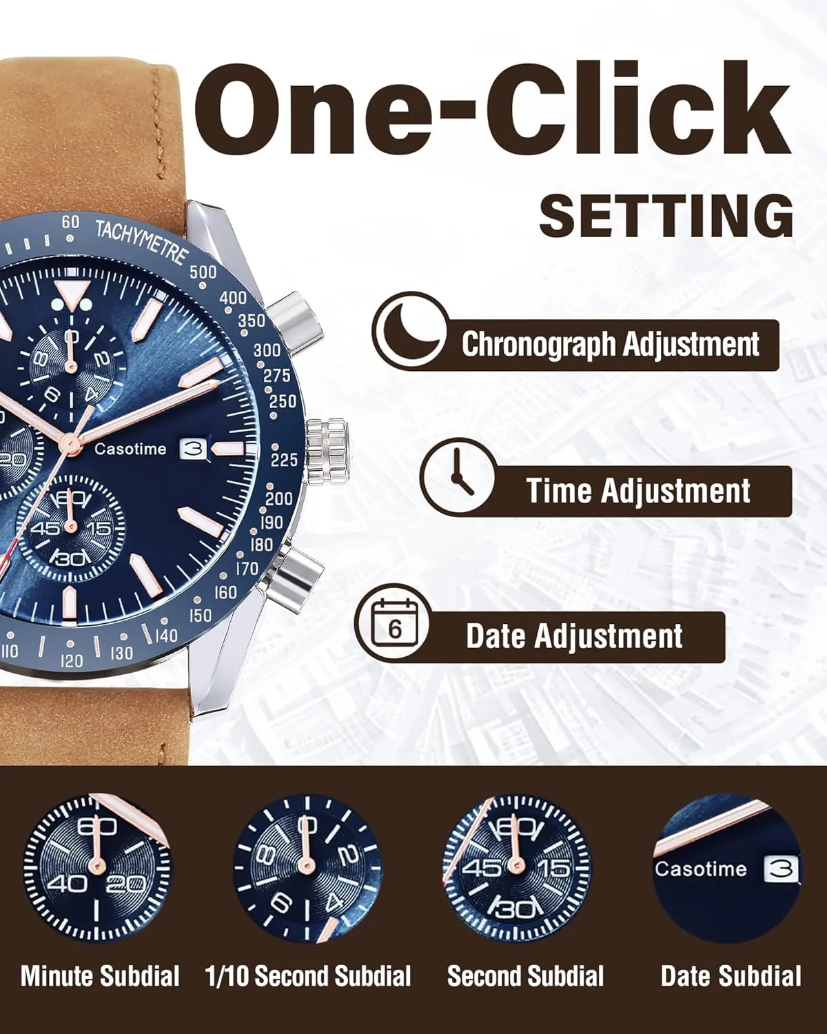 Men's Leather Band Chronograph Watch - 30M Waterproof Big Face Analog Quartz Date - Work Sport Casual Classical Fashion Designer Dress Wrist Watch - Elegant Gift for Men
