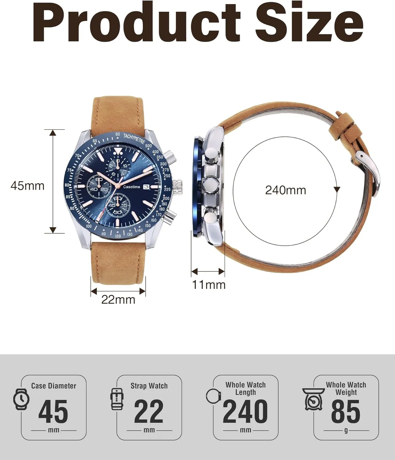 Men's Leather Band Chronograph Watch - 30M Waterproof Big Face Analog Quartz Date - Work Sport Casual Classical Fashion Designer Dress Wrist Watch - Elegant Gift for Men